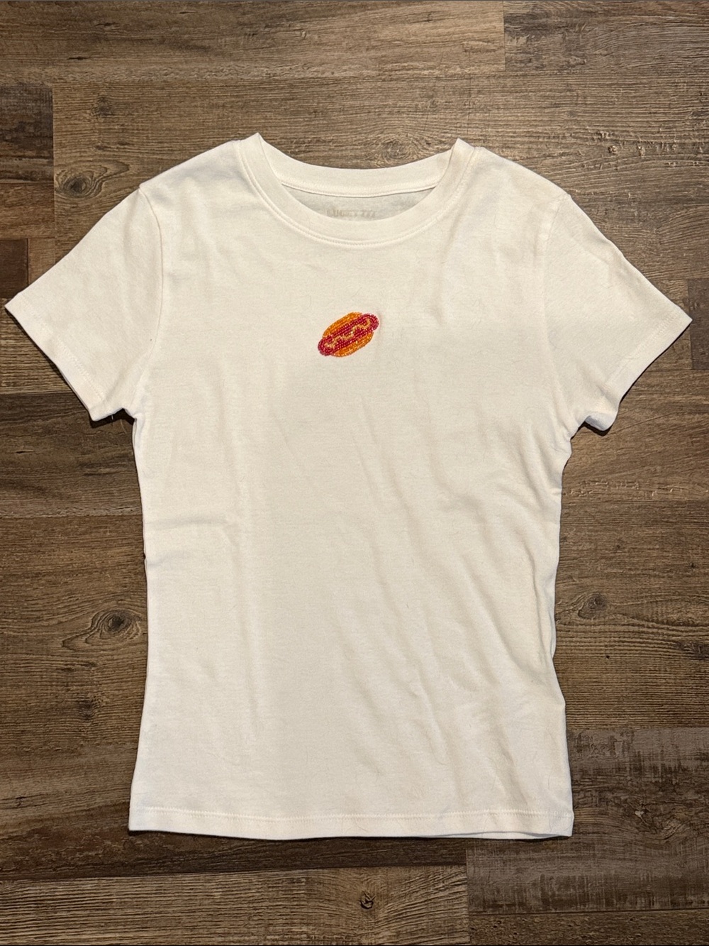 Novelty - White Women's Short Sleeve Tee with rhinestone hotdog